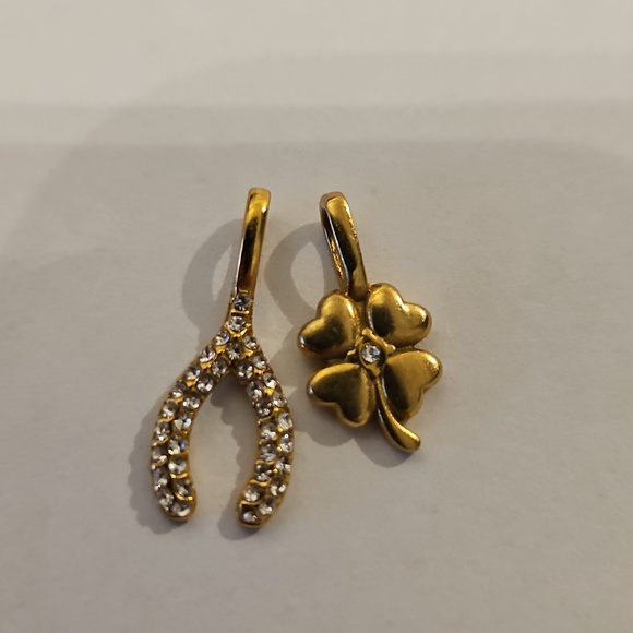 Love Calista Jewelry - Good Luck Charms - Gold Clover and Crystal Wishbone Pendant Charms - Gold Plated